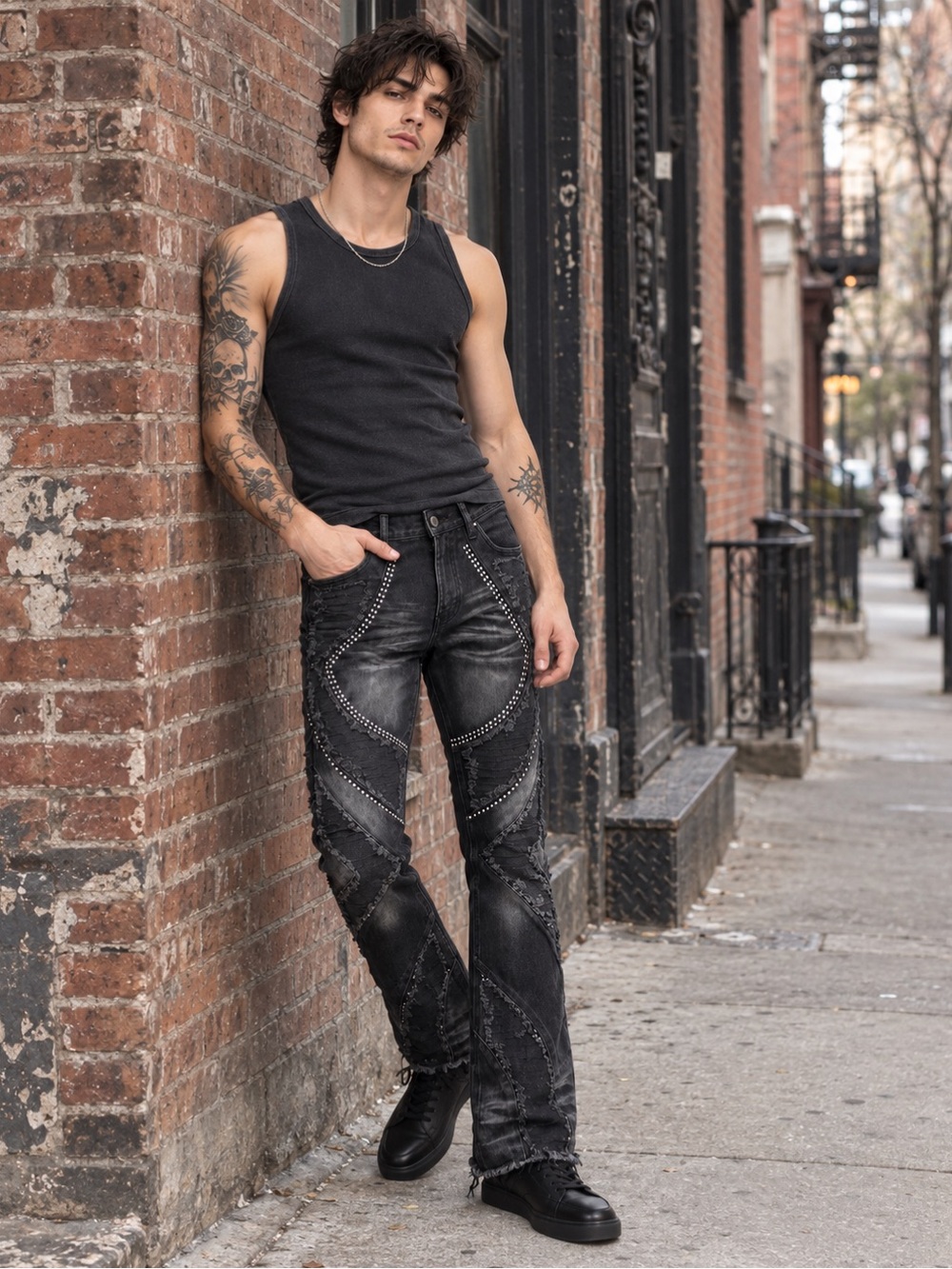 Black Rhinestone Studded Patchwork Flare Jeans Y2K Goth